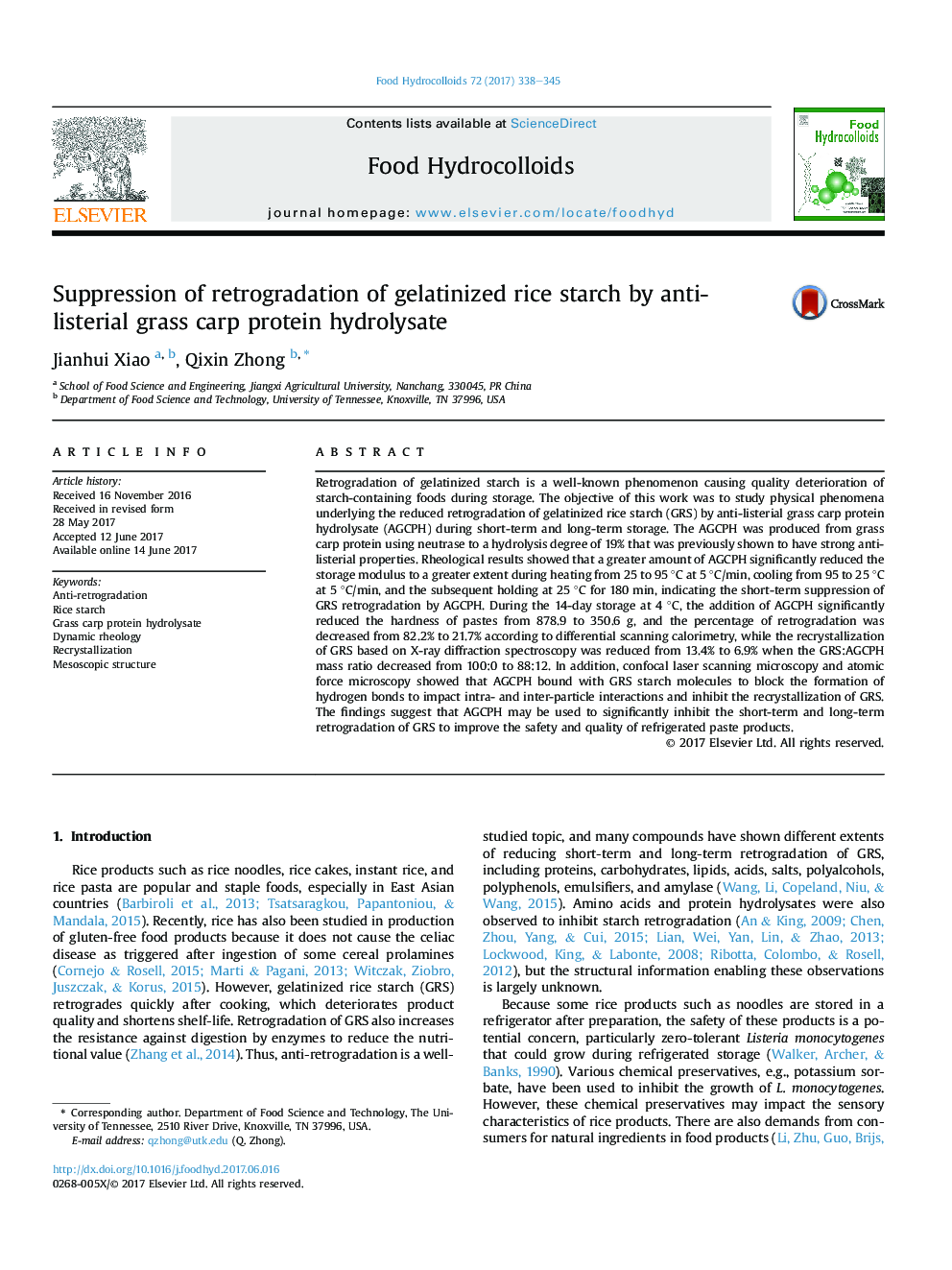 Suppression of retrogradation of gelatinized rice starch by anti-listerial grass carp protein hydrolysate