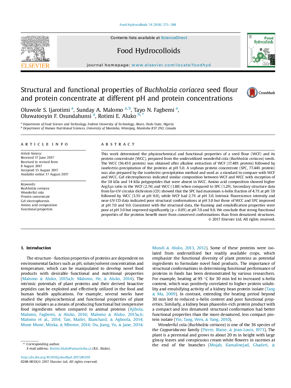 Structural and functional properties of Buchholzia coriacea seed flour and protein concentrate at different pH and protein concentrations