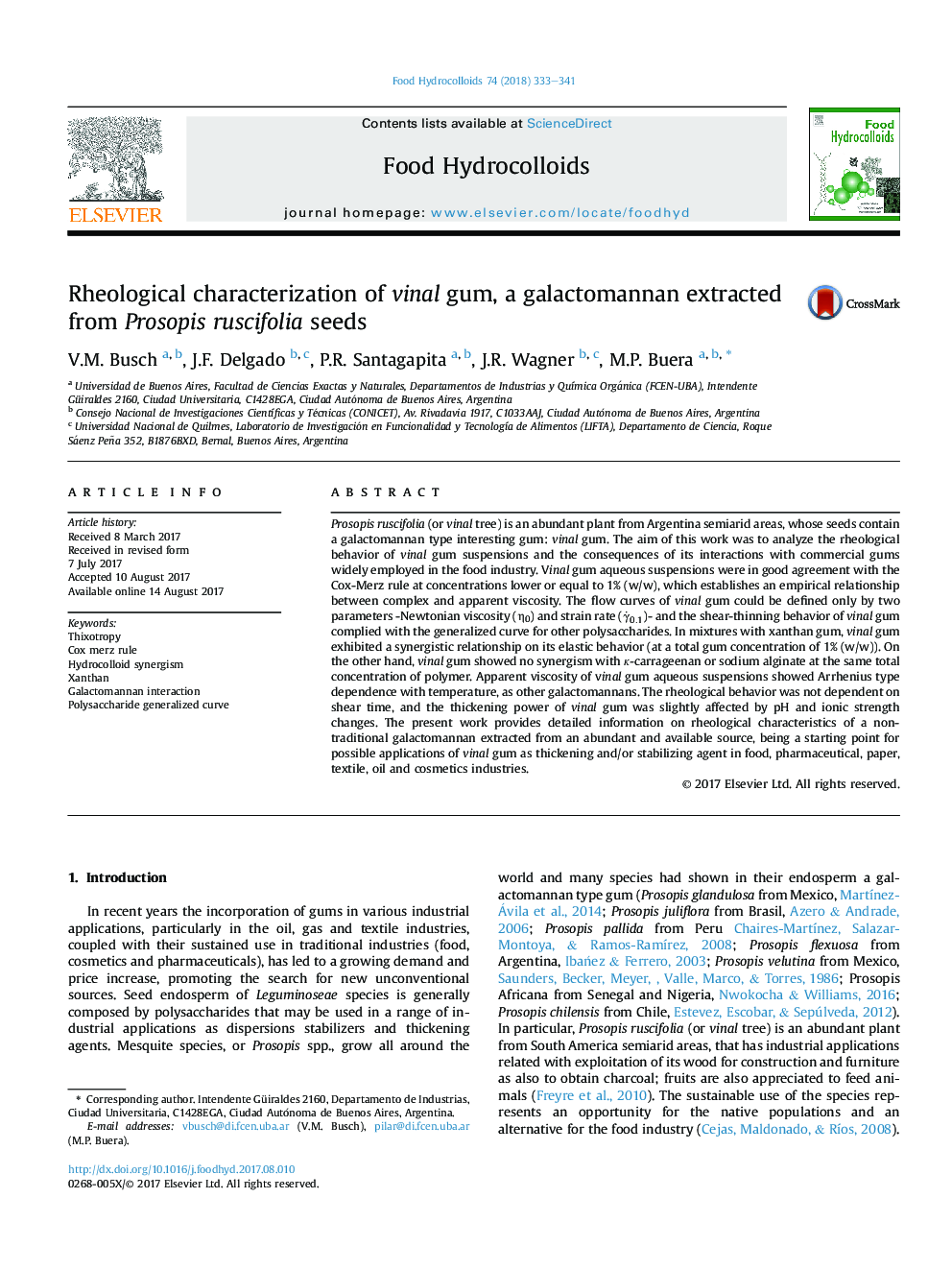 Rheological characterization of vinal gum, a galactomannan extracted from Prosopis ruscifolia seeds