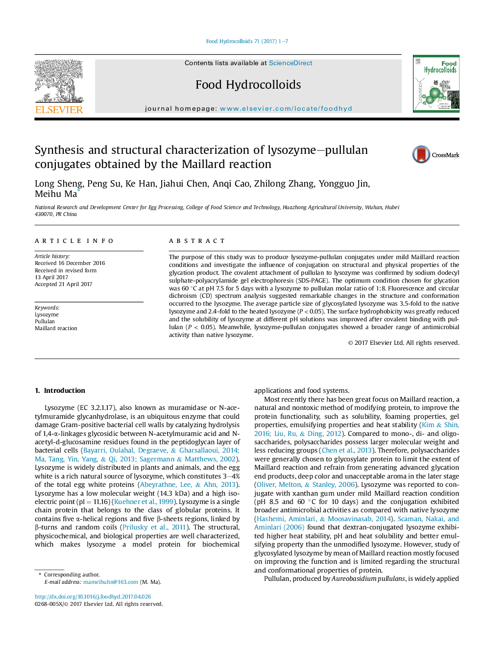 Synthesis and structural characterization of lysozyme-pullulan conjugates obtained by the Maillard reaction