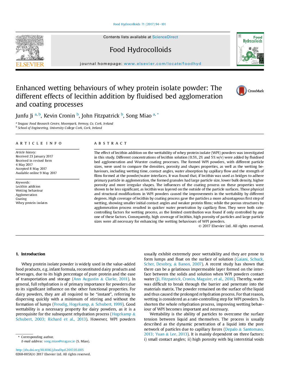 Enhanced wetting behaviours of whey protein isolate powder: The different effects of lecithin addition by fluidised bed agglomeration and coating processes