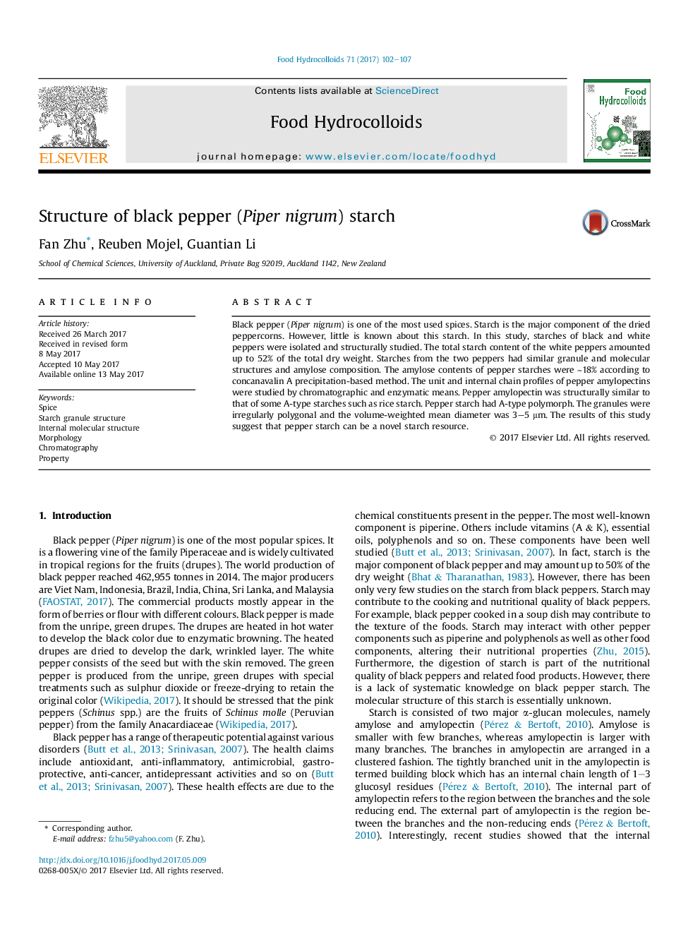 Structure of black pepper (Piper nigrum) starch