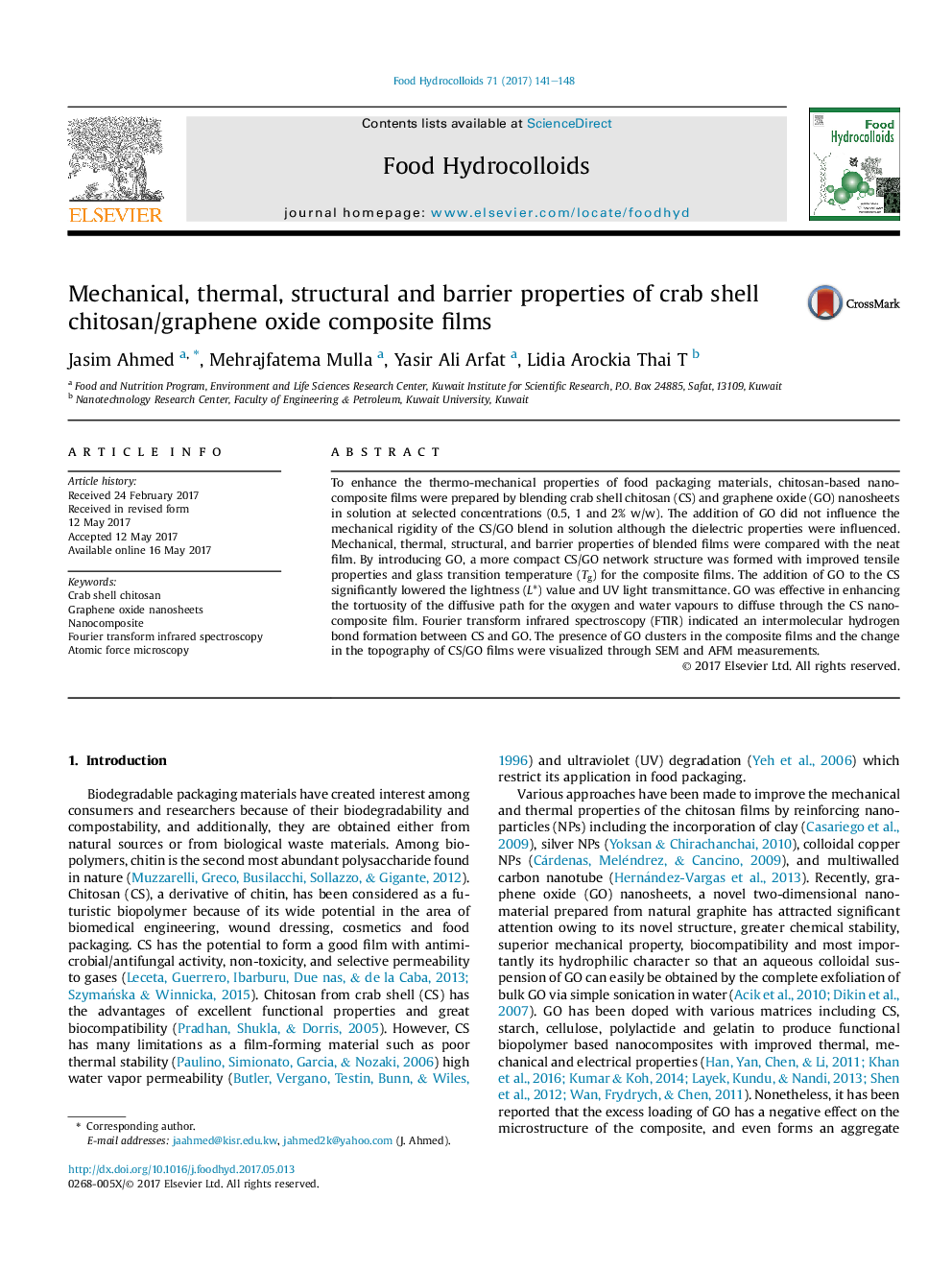 Mechanical, thermal, structural and barrier properties of crab shell chitosan/graphene oxide composite films