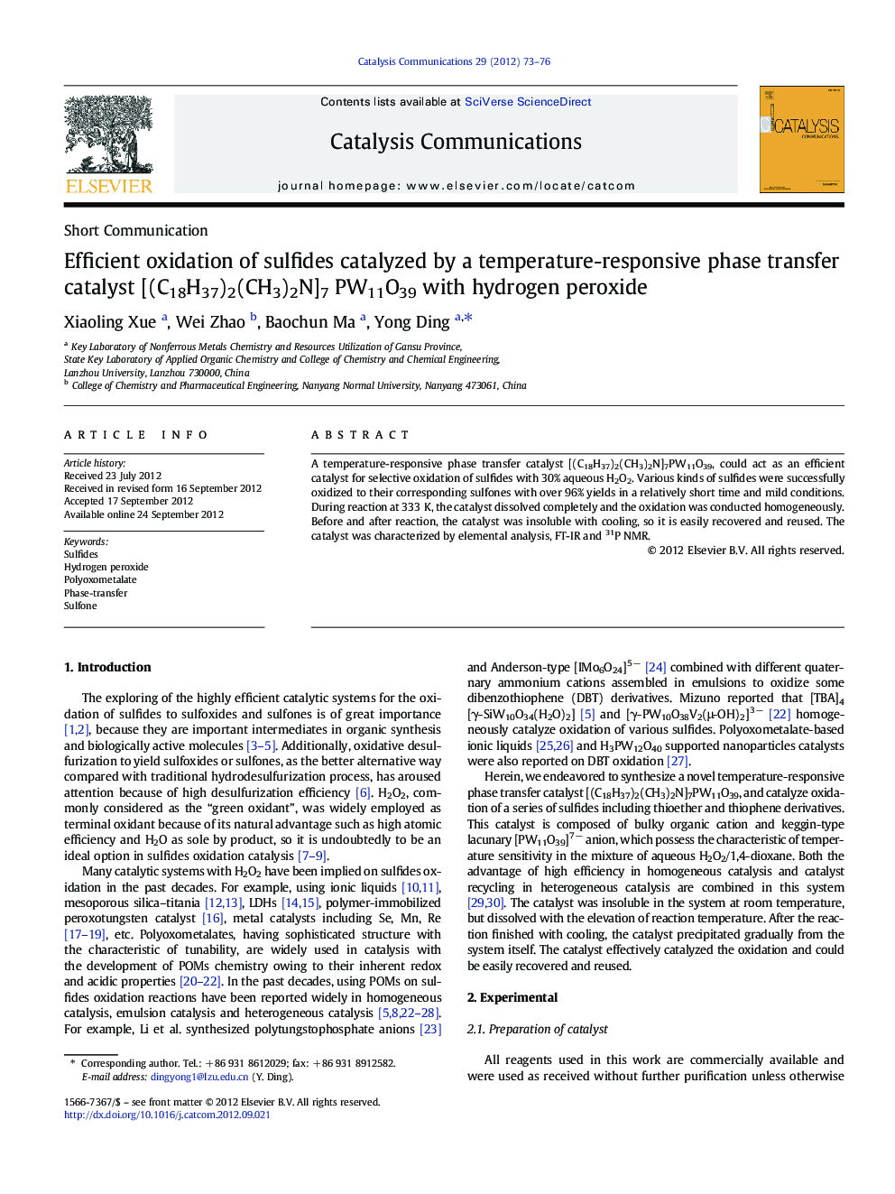 Efficient oxidation of sulfides catalyzed by a temperature-responsive phase transfer catalyst [(C18H37)2(CH3)2N]7 PW11O39 with hydrogen peroxide