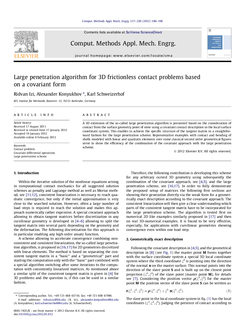 Large penetration algorithm for 3D frictionless contact problems based on a covariant form