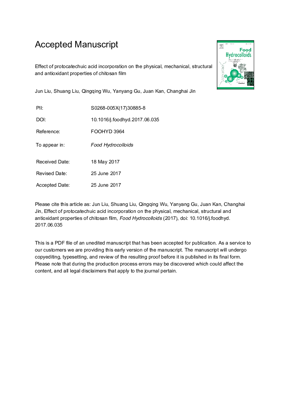 Effect of protocatechuic acid incorporation on the physical, mechanical, structural and antioxidant properties of chitosan film