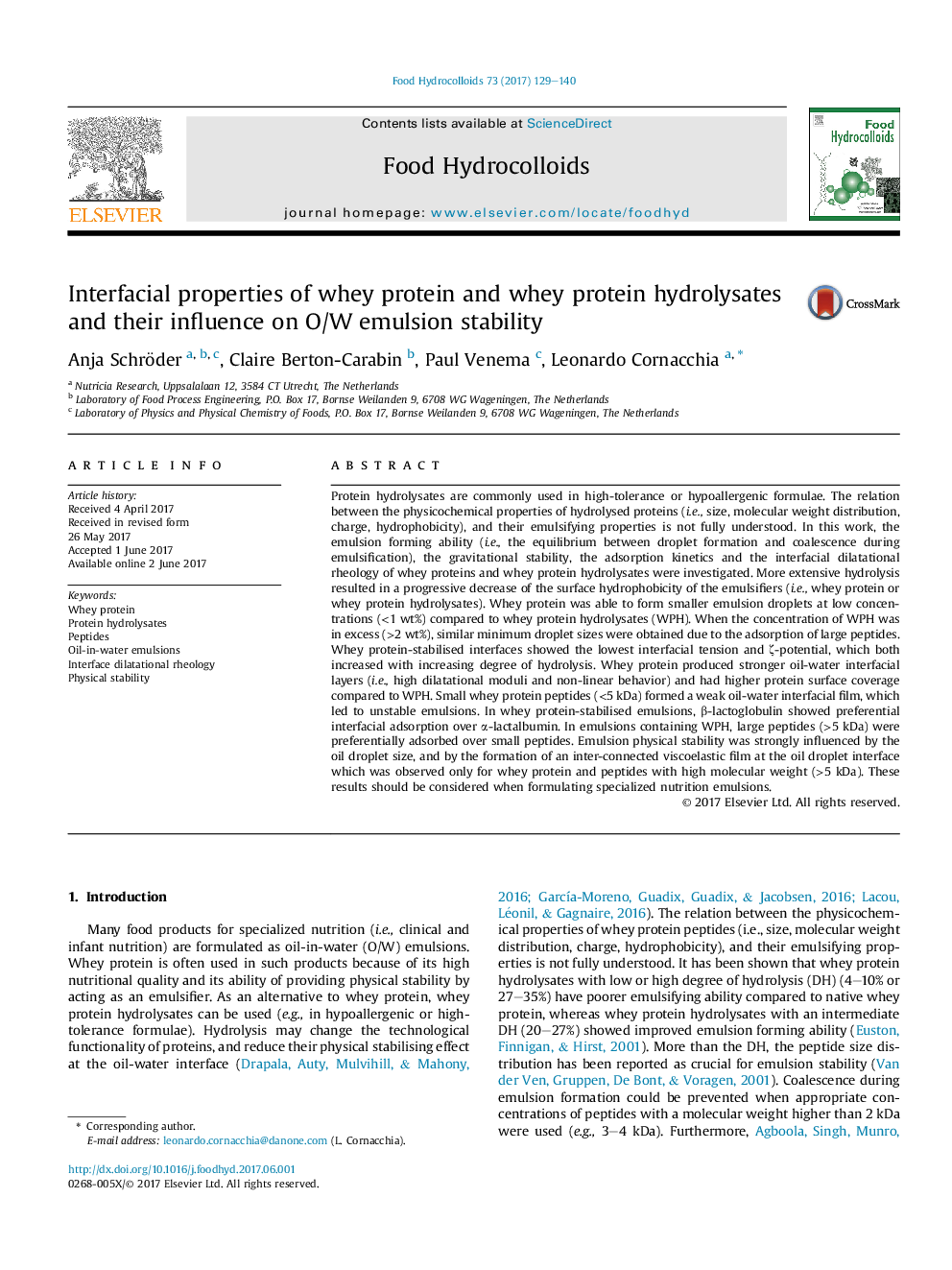 Interfacial properties of whey protein and whey protein hydrolysates and their influence on O/W emulsion stability