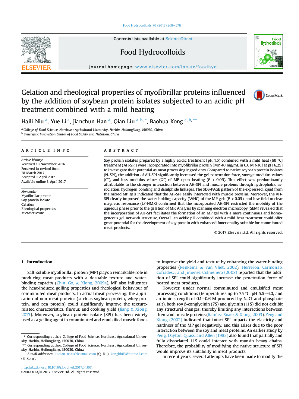 Gelation and rheological properties of myofibrillar proteins influenced by the addition of soybean protein isolates subjected to an acidic pH treatment combined with a mild heating