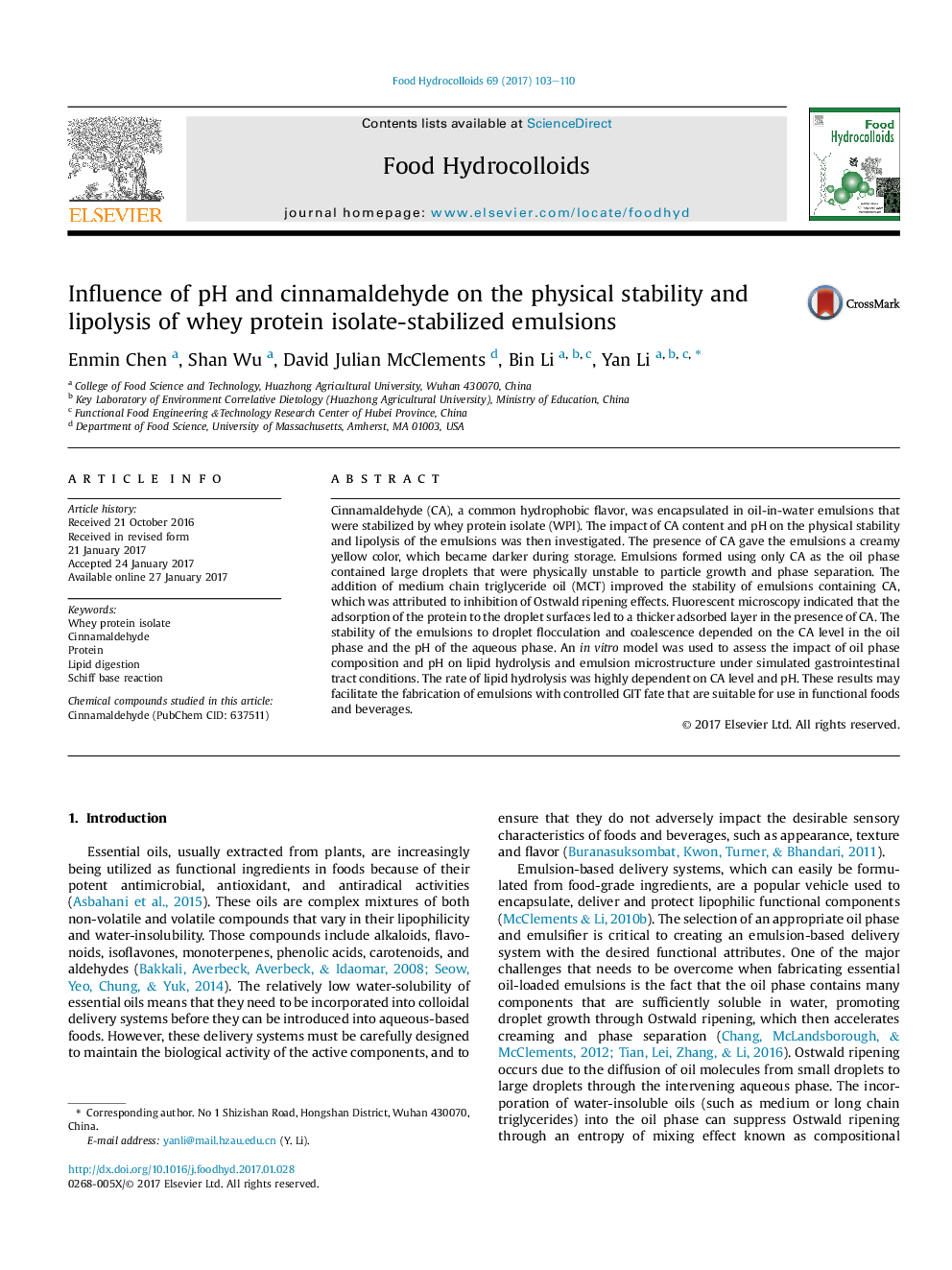 Influence of pH and cinnamaldehyde on the physical stability and lipolysis of whey protein isolate-stabilized emulsions