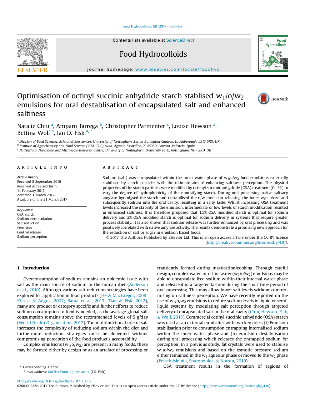 Optimisation of octinyl succinic anhydride starch stablised w1/o/w2 emulsions for oral destablisation of encapsulated salt and enhanced saltiness