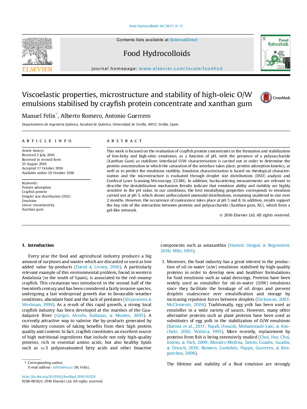 Viscoelastic properties, microstructure and stability of high-oleic O/W emulsions stabilised by crayfish protein concentrate and xanthan gum