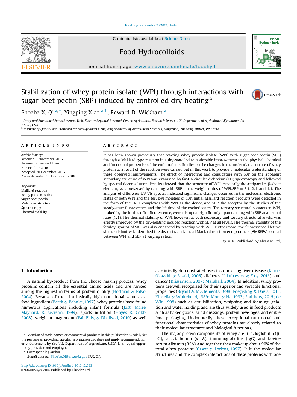 Stabilization of whey protein isolate (WPI) through interactions with sugar beet pectin (SBP) induced by controlled dry-heating