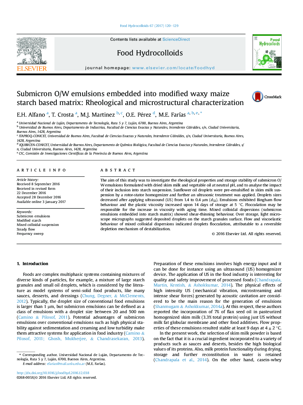 Submicron O/W emulsions embedded into modified waxy maize starch based matrix: Rheological and microstructural characterization