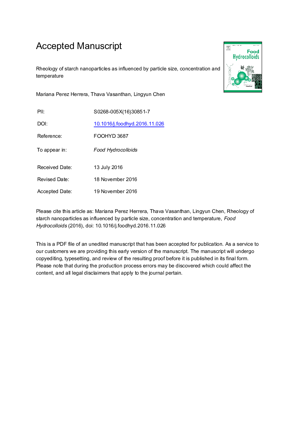 Rheology of starch nanoparticles as influenced by particle size, concentration and temperature