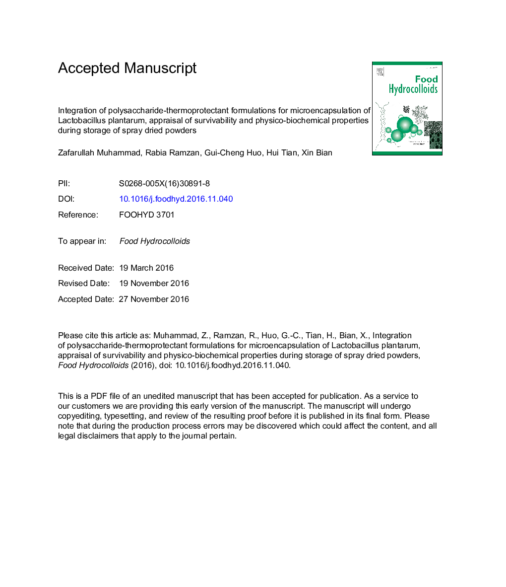 Integration of polysaccharide-thermoprotectant formulations for microencapsulation of Lactobacillus plantarum, appraisal of survivability and physico-biochemical properties during storage of spray dried powders