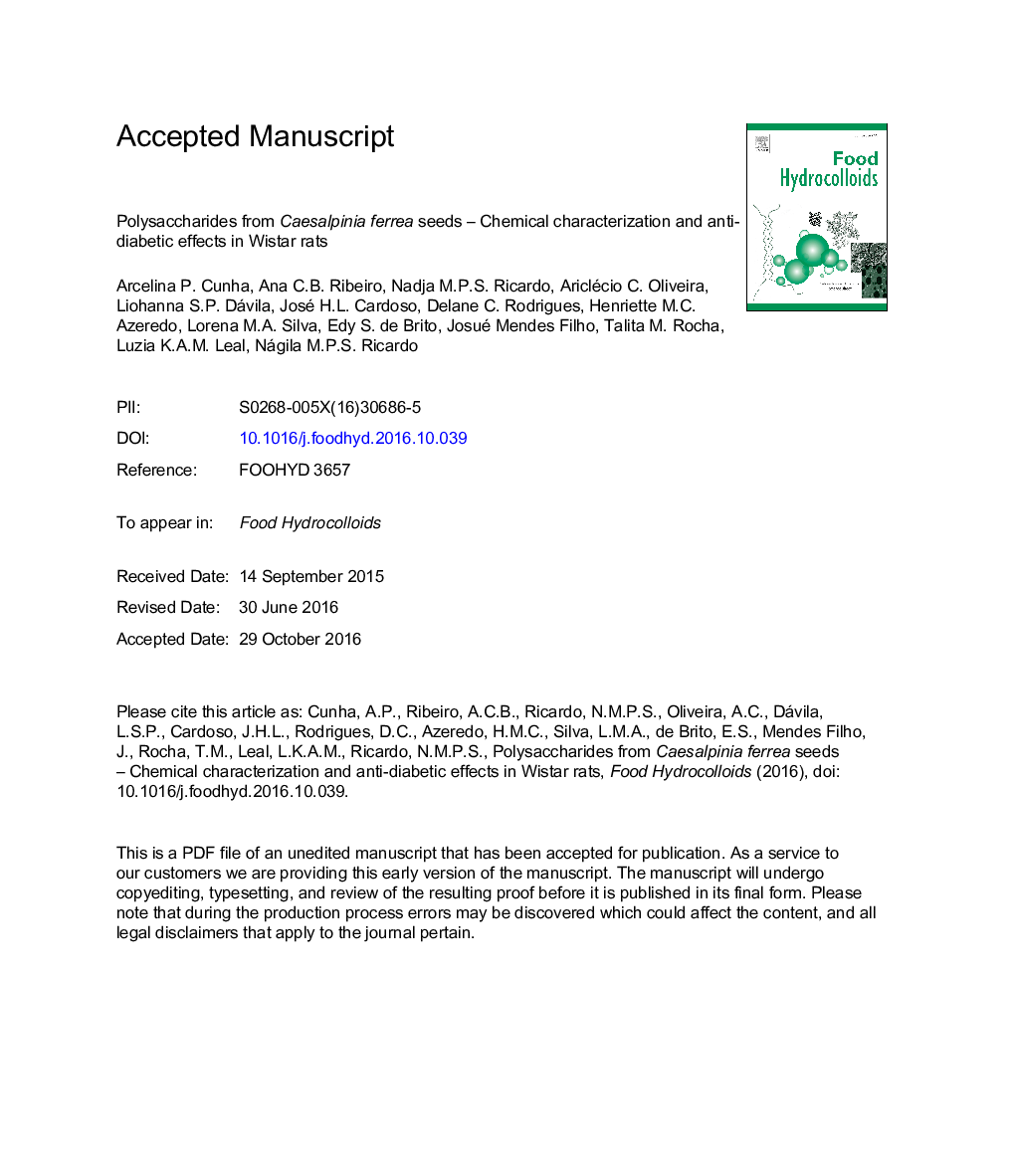 Polysaccharides from Caesalpinia ferrea seeds - Chemical characterization and anti-diabetic effects in Wistar rats