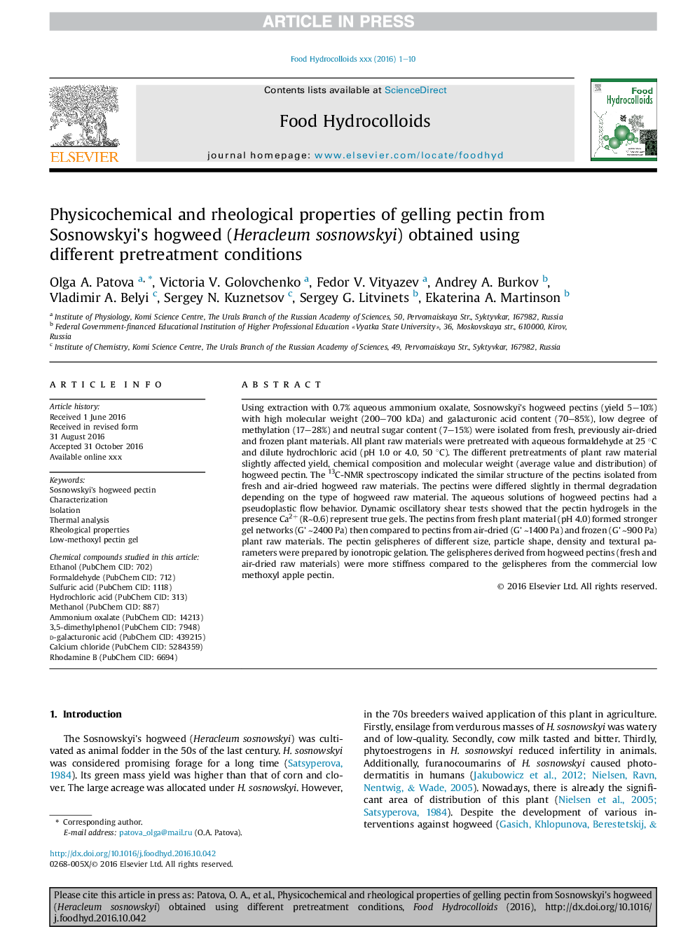 Physicochemical and rheological properties of gelling pectin from Sosnowskyi's hogweed (Heracleum sosnowskyi) obtained using different pretreatment conditions