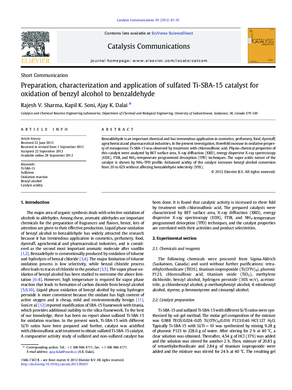 Preparation, characterization and application of sulfated Ti-SBA-15 catalyst for oxidation of benzyl alcohol to benzaldehyde