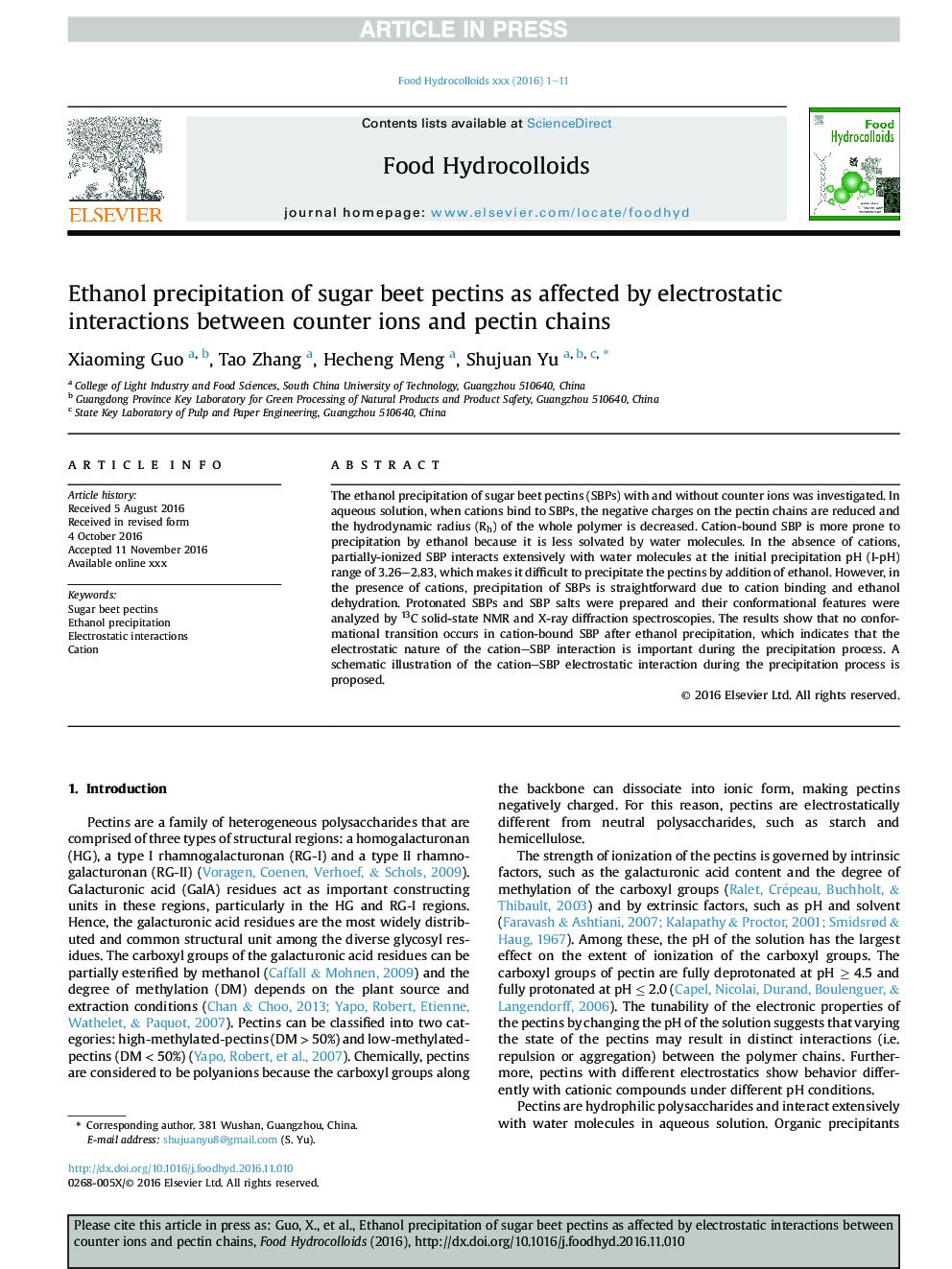 Ethanol precipitation of sugar beet pectins as affected by electrostatic interactions between counter ions and pectin chains