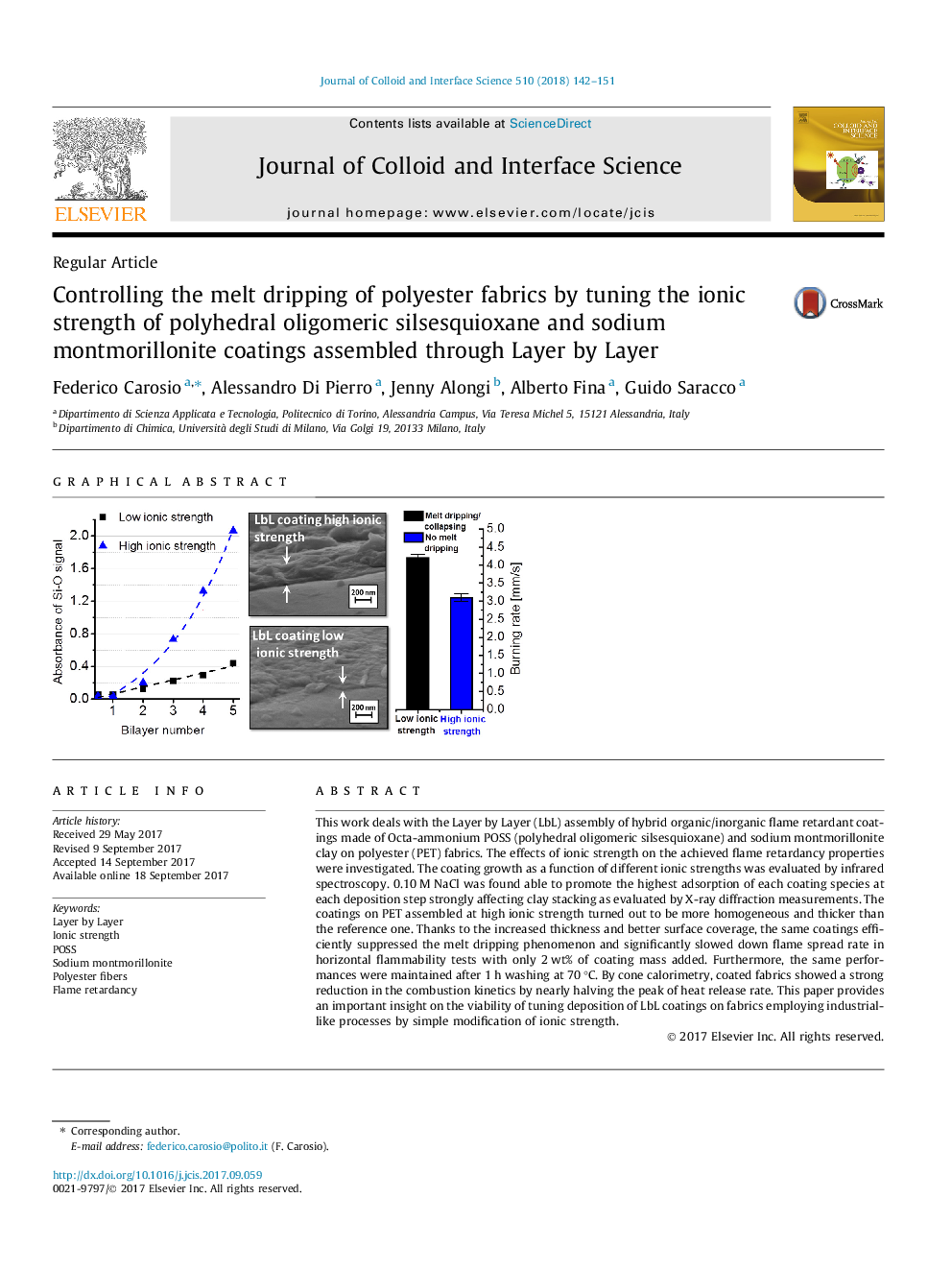 Controlling the melt dripping of polyester fabrics by tuning the ionic strength of polyhedral oligomeric silsesquioxane and sodium montmorillonite coatings assembled through Layer by Layer