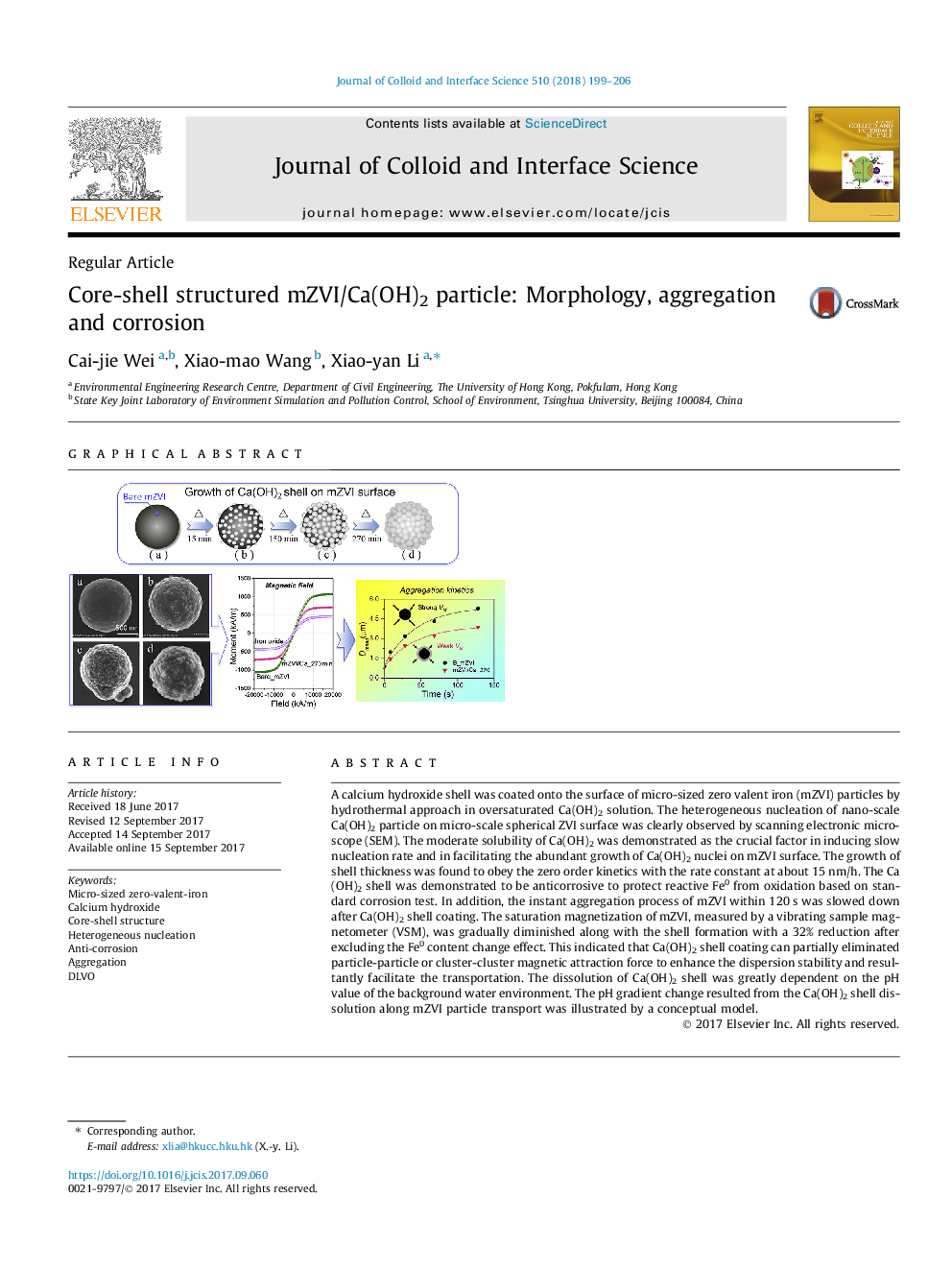عکس صفحه اول مقاله: Core-shell structured mZVI/Ca(OH)2 particle: Morphology, aggregation and corrosion Core-shell structured mZVI/Ca(OH)2 particle: Morphology, aggregation and corrosion