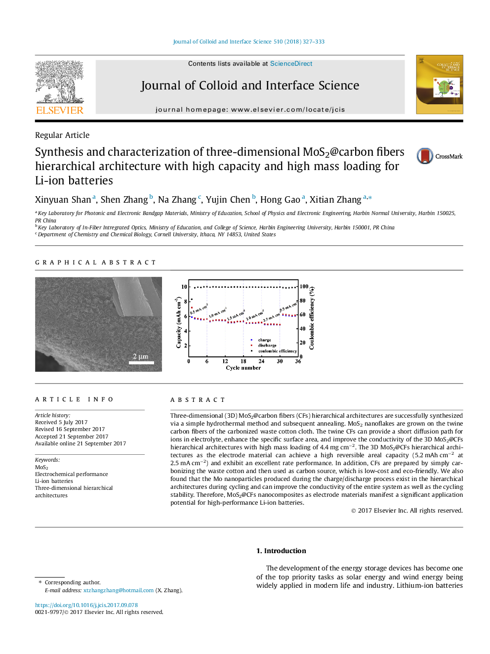 Synthesis and characterization of three-dimensional MoS2@carbon fibers hierarchical architecture with high capacity and high mass loading for Li-ion batteries