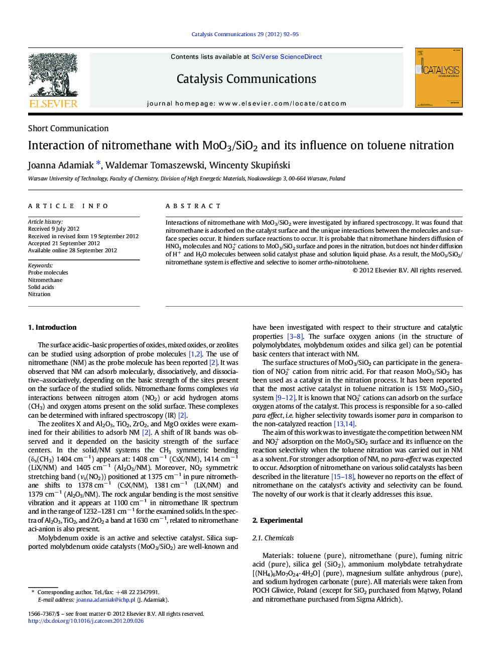 Interaction of nitromethane with MoO3/SiO2 and its influence on toluene nitration