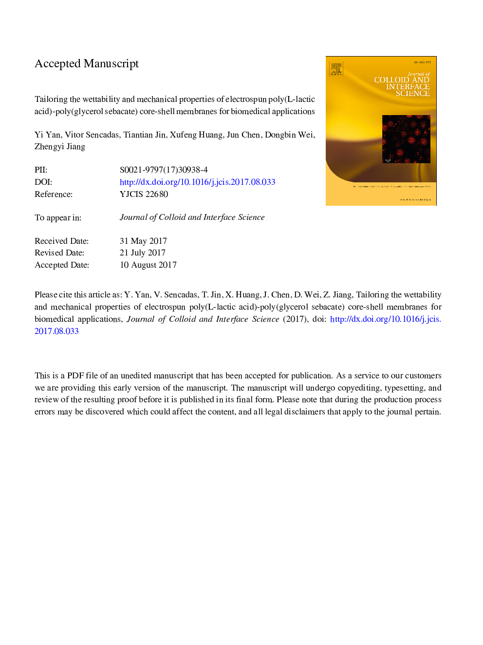 عکس صفحه اول مقاله: Tailoring the wettability and mechanical properties of electrospun poly(l-lactic acid)-poly(glycerol sebacate) core-shell membranes for biomedical applications Tailoring the wettability and mechanical properties of electrospun poly(l-lactic acid)-poly(glycerol sebacate) core-shell membranes for biomedical applications
