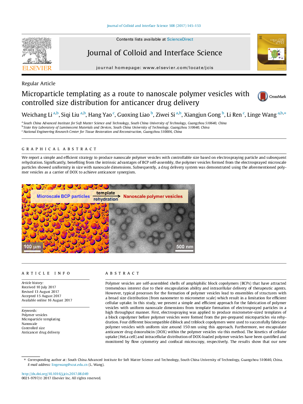 Microparticle templating as a route to nanoscale polymer vesicles with controlled size distribution for anticancer drug delivery