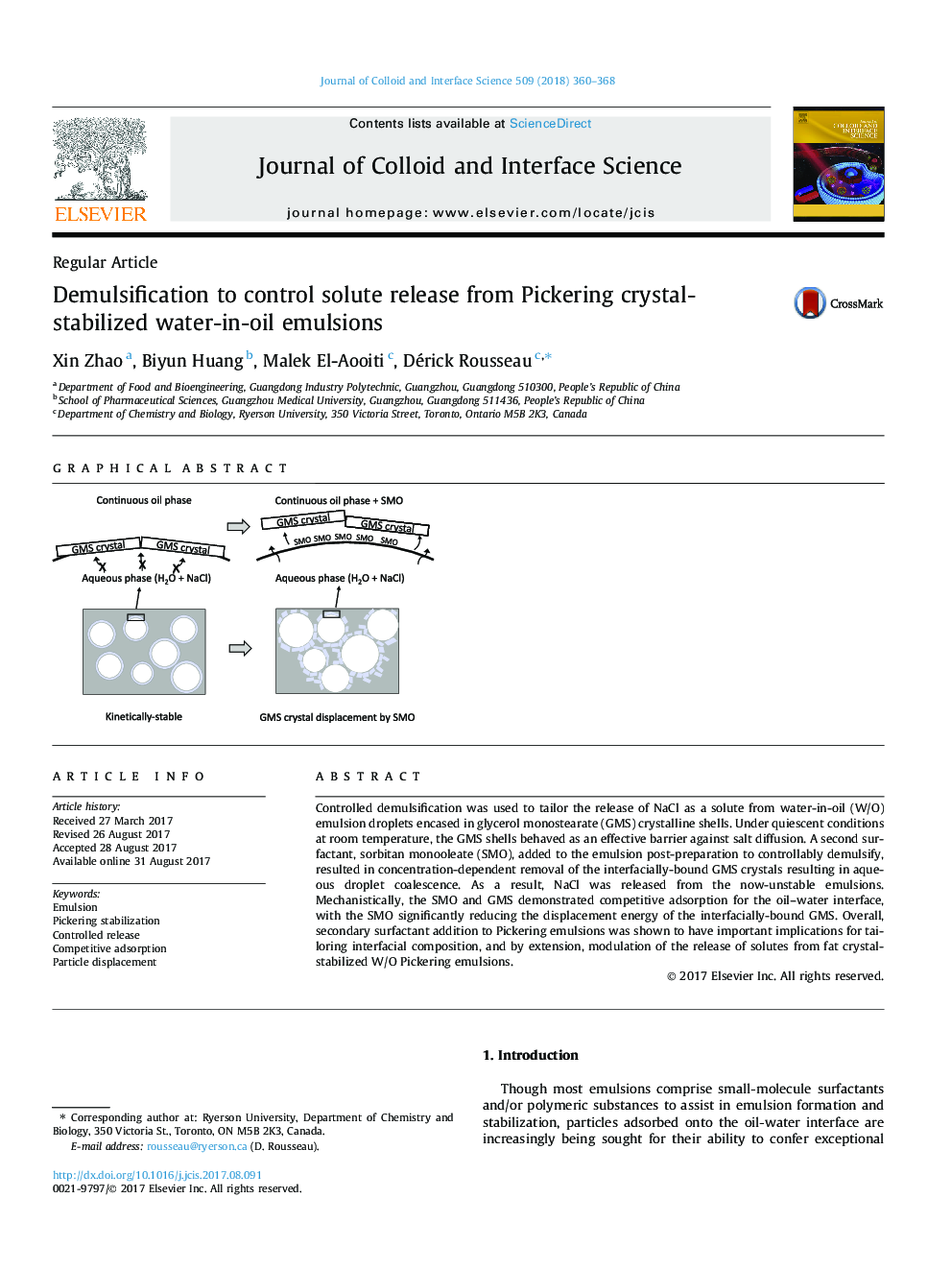 Demulsification to control solute release from Pickering crystal-stabilized water-in-oil emulsions