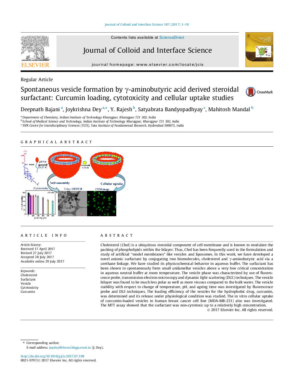 Spontaneous vesicle formation by Î³-aminobutyric acid derived steroidal surfactant: Curcumin loading, cytotoxicity and cellular uptake studies