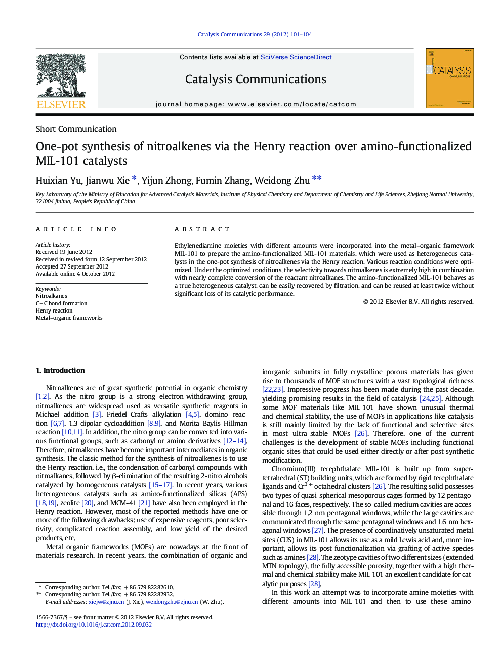 One-pot synthesis of nitroalkenes via the Henry reaction over amino-functionalized MIL-101 catalysts