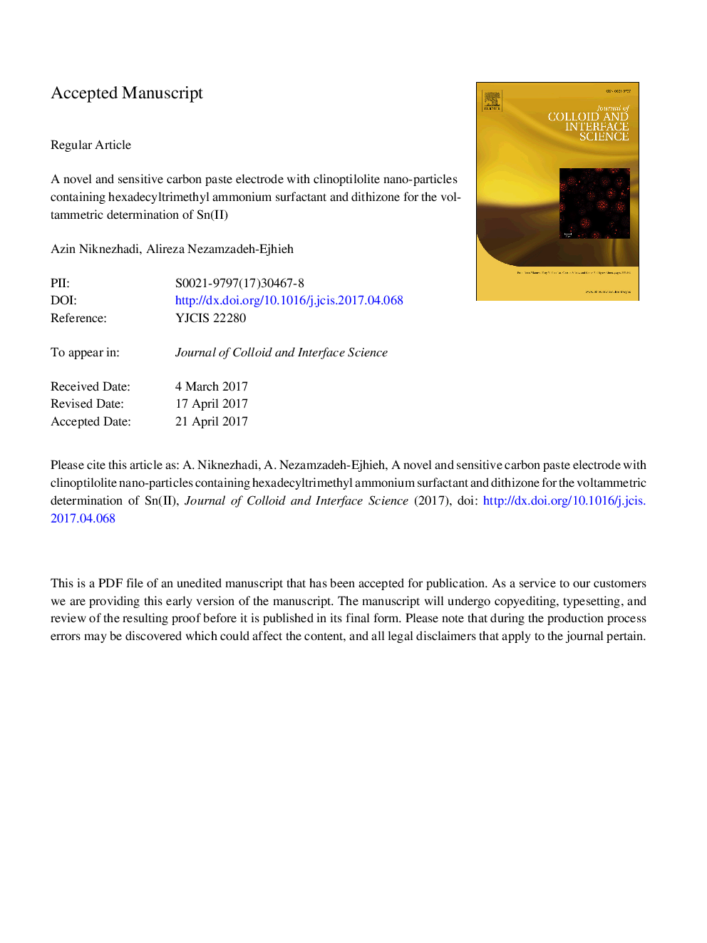 A novel and sensitive carbon paste electrode with clinoptilolite nano-particles containing hexadecyltrimethyl ammonium surfactant and dithizone for the voltammetric determination of Sn(II)