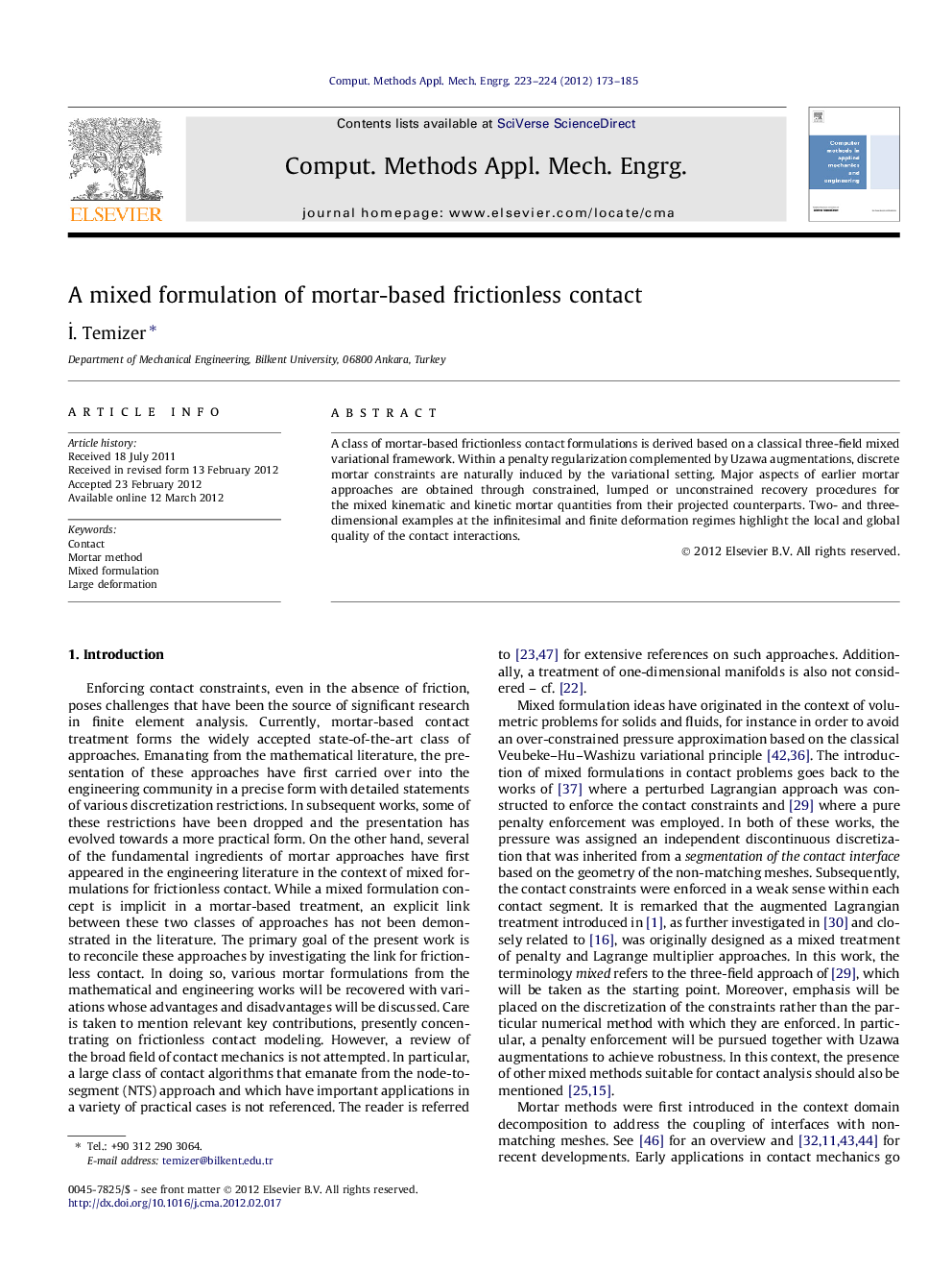 A mixed formulation of mortar-based frictionless contact