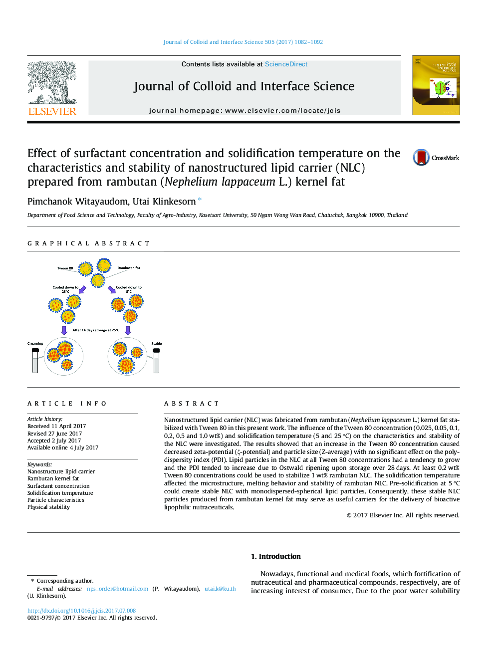 Effect of surfactant concentration and solidification temperature on the characteristics and stability of nanostructured lipid carrier (NLC) prepared from rambutan (Nephelium lappaceum L.) kernel fat