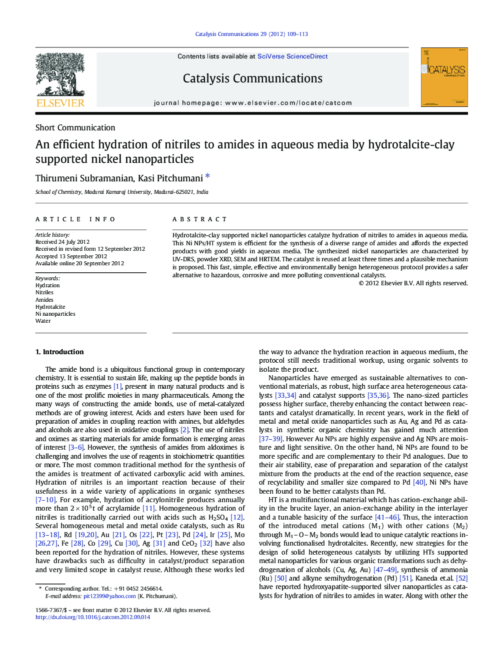 An efficient hydration of nitriles to amides in aqueous media by hydrotalcite-clay supported nickel nanoparticles