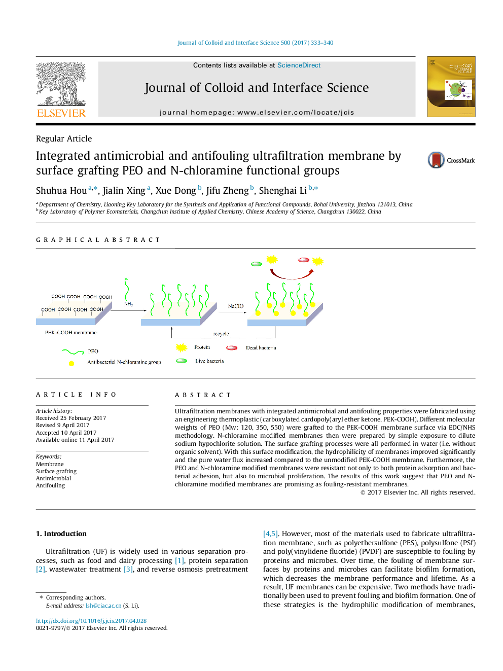 Integrated antimicrobial and antifouling ultrafiltration membrane by surface grafting PEO and N-chloramine functional groups