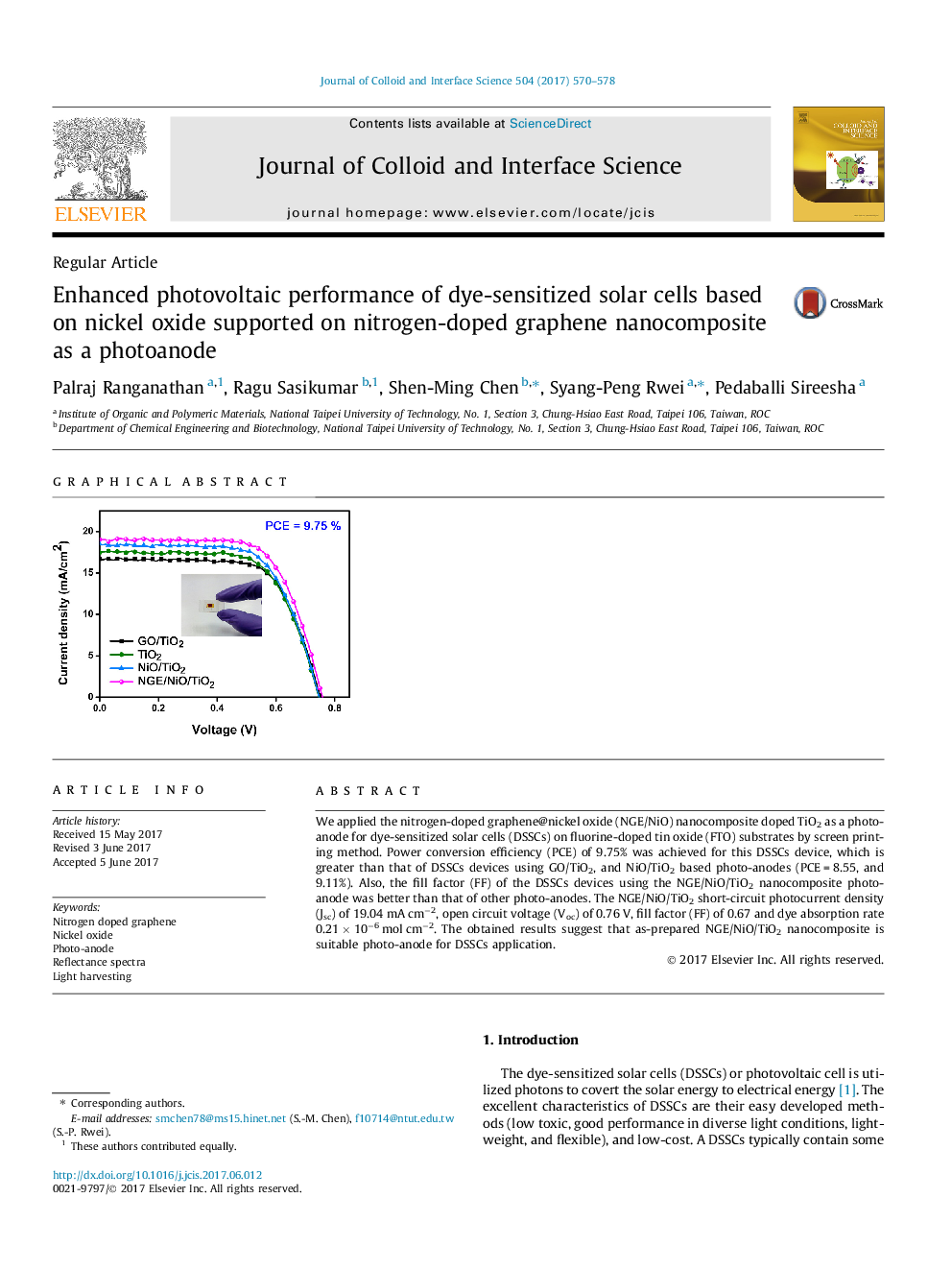 Enhanced photovoltaic performance of dye-sensitized solar cells based on nickel oxide supported on nitrogen-doped graphene nanocomposite as a photoanode