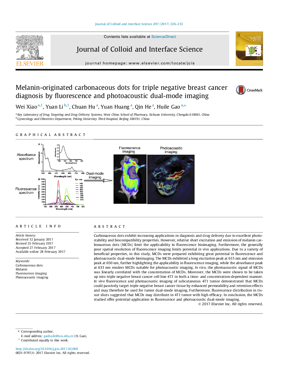 Melanin-originated carbonaceous dots for triple negative breast cancer diagnosis by fluorescence and photoacoustic dual-mode imaging