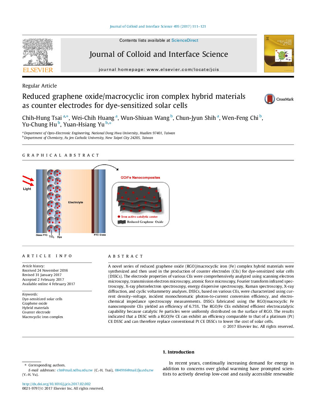 Reduced graphene oxide/macrocyclic iron complex hybrid materials as counter electrodes for dye-sensitized solar cells