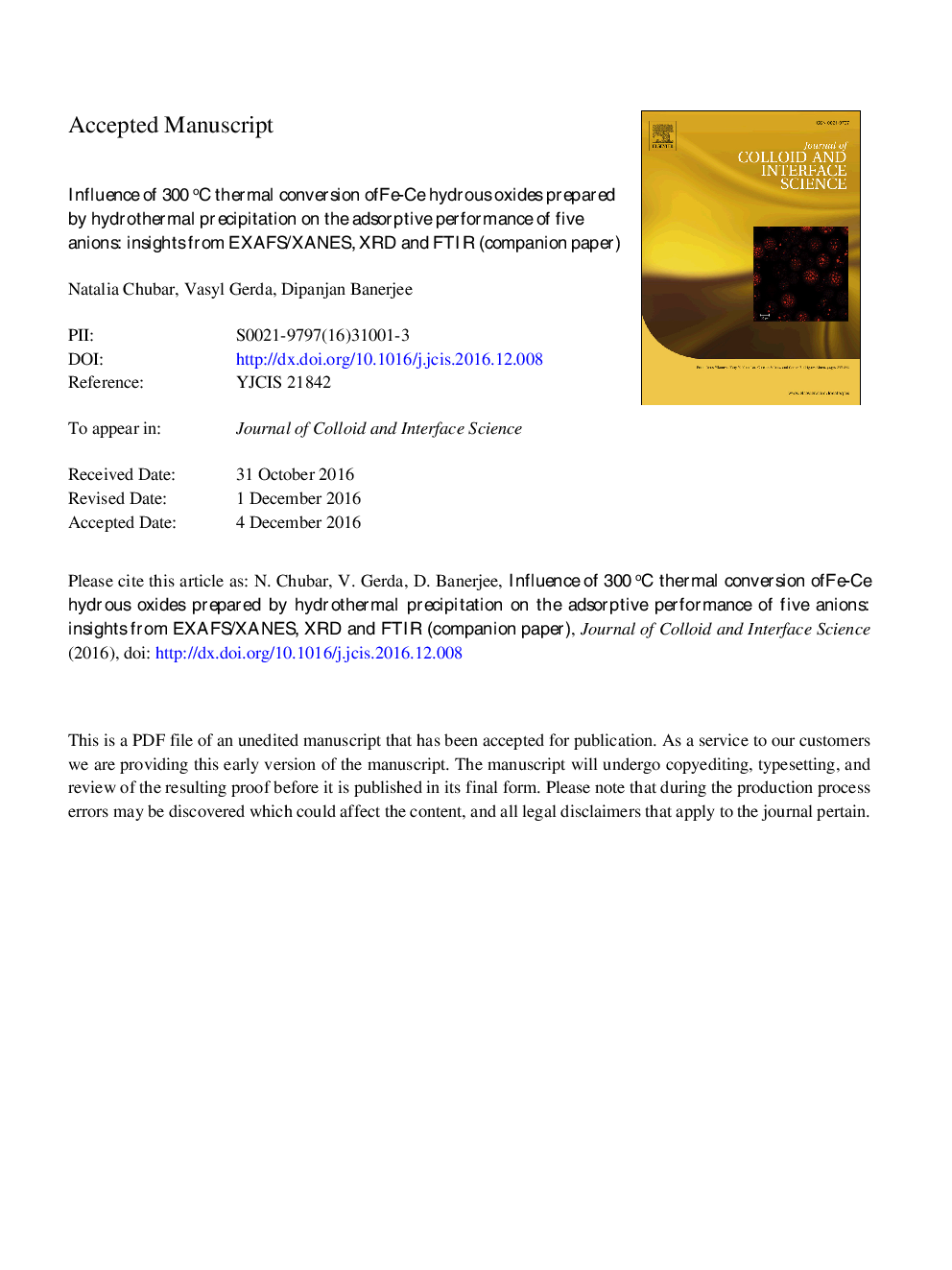 Influence of 300Â Â°C thermal conversion of Fe-Ce hydrous oxides prepared by hydrothermal precipitation on the adsorptive performance of five anions: Insights from EXAFS/XANES, XRD and FTIR (companion paper)