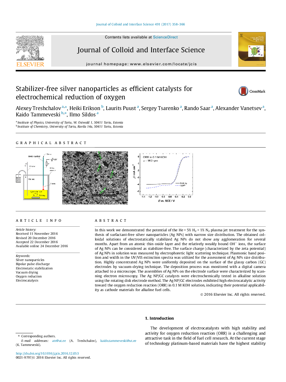 Stabilizer-free silver nanoparticles as efficient catalysts for electrochemical reduction of oxygen