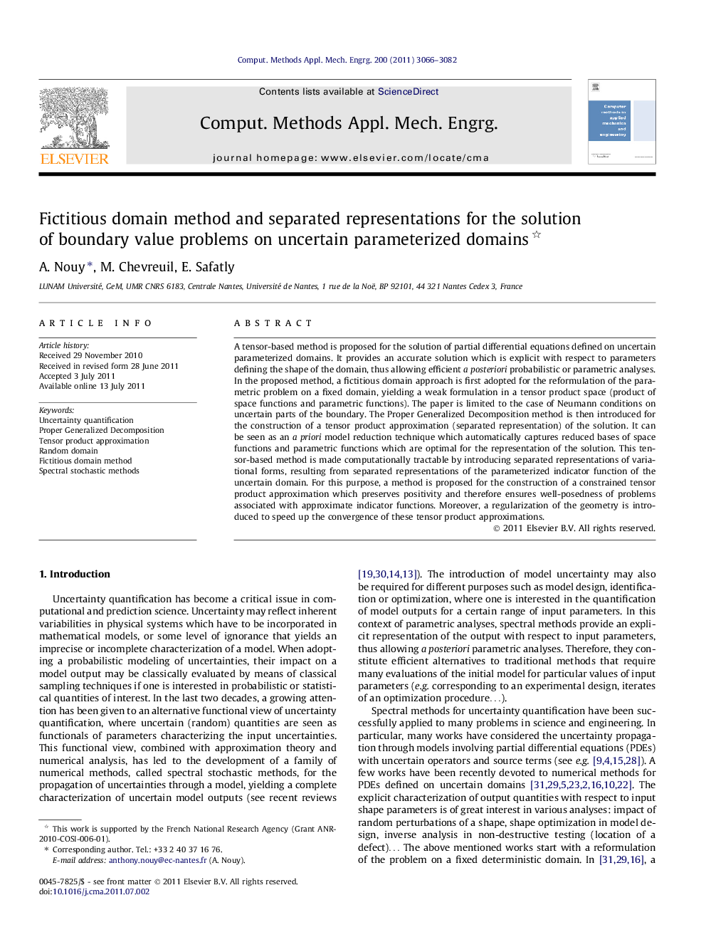 Fictitious domain method and separated representations for the solution of boundary value problems on uncertain parameterized domains 