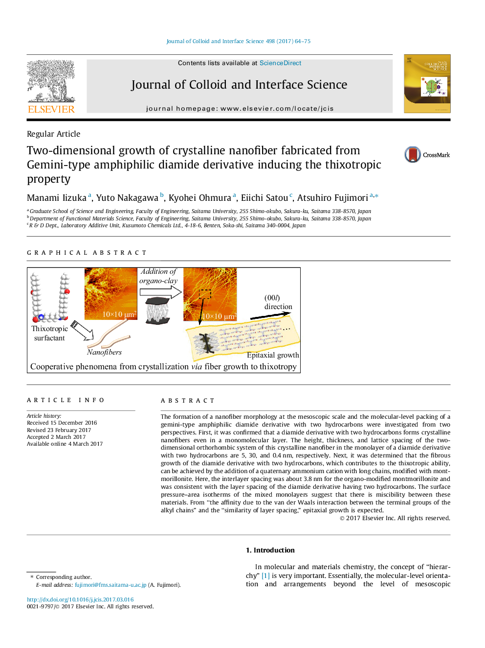Regular ArticleTwo-dimensional growth of crystalline nanofiber fabricated from Gemini-type amphiphilic diamide derivative inducing the thixotropic property