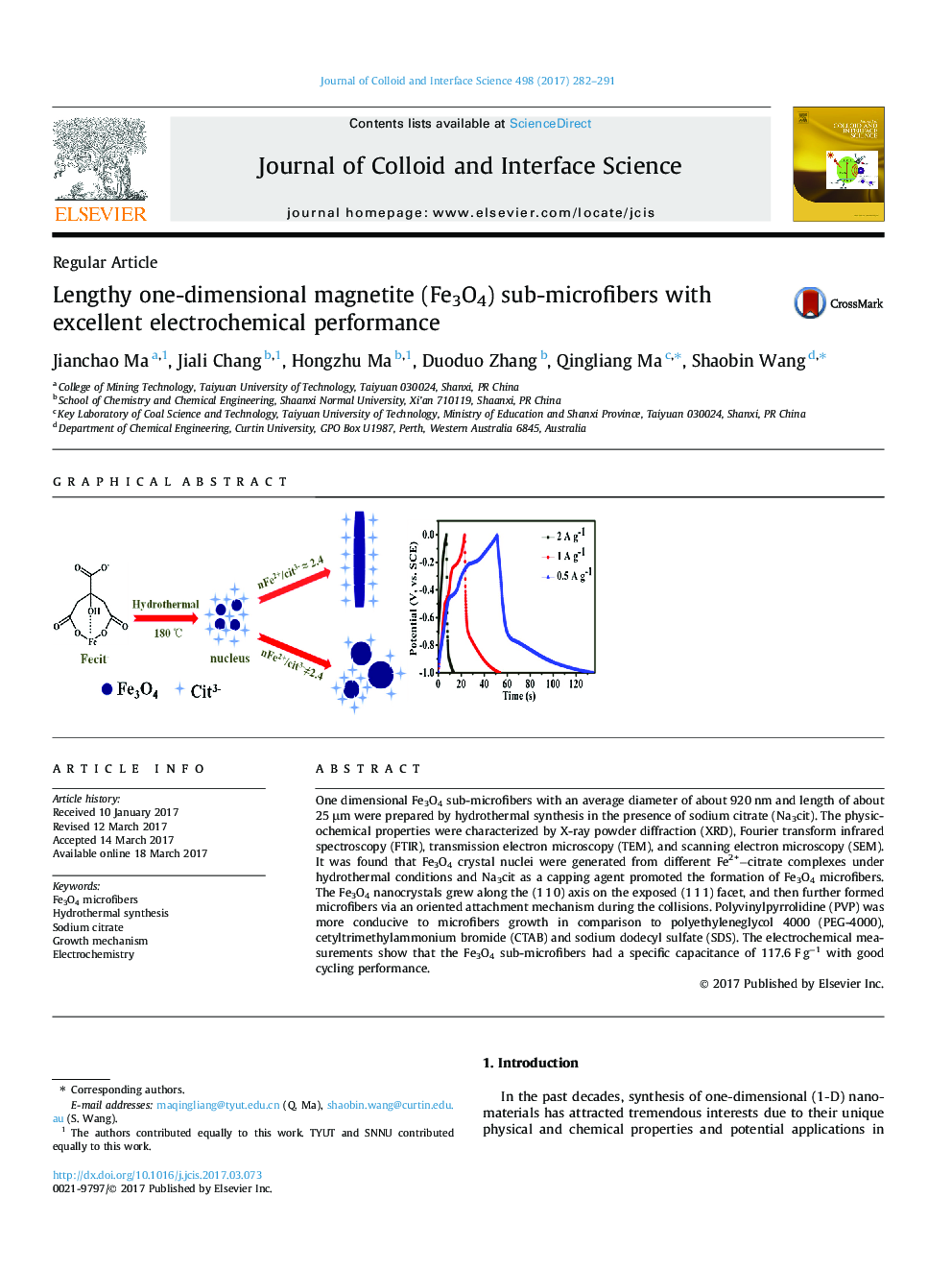 Lengthy one-dimensional magnetite (Fe3O4) sub-microfibers with excellent electrochemical performance