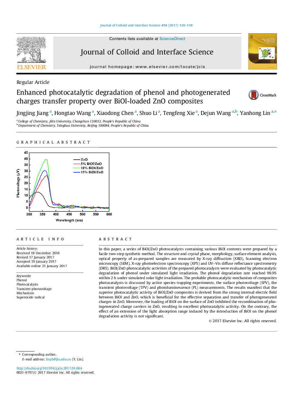 Regular ArticleEnhanced photocatalytic degradation of phenol and photogenerated charges transfer property over BiOI-loaded ZnO composites