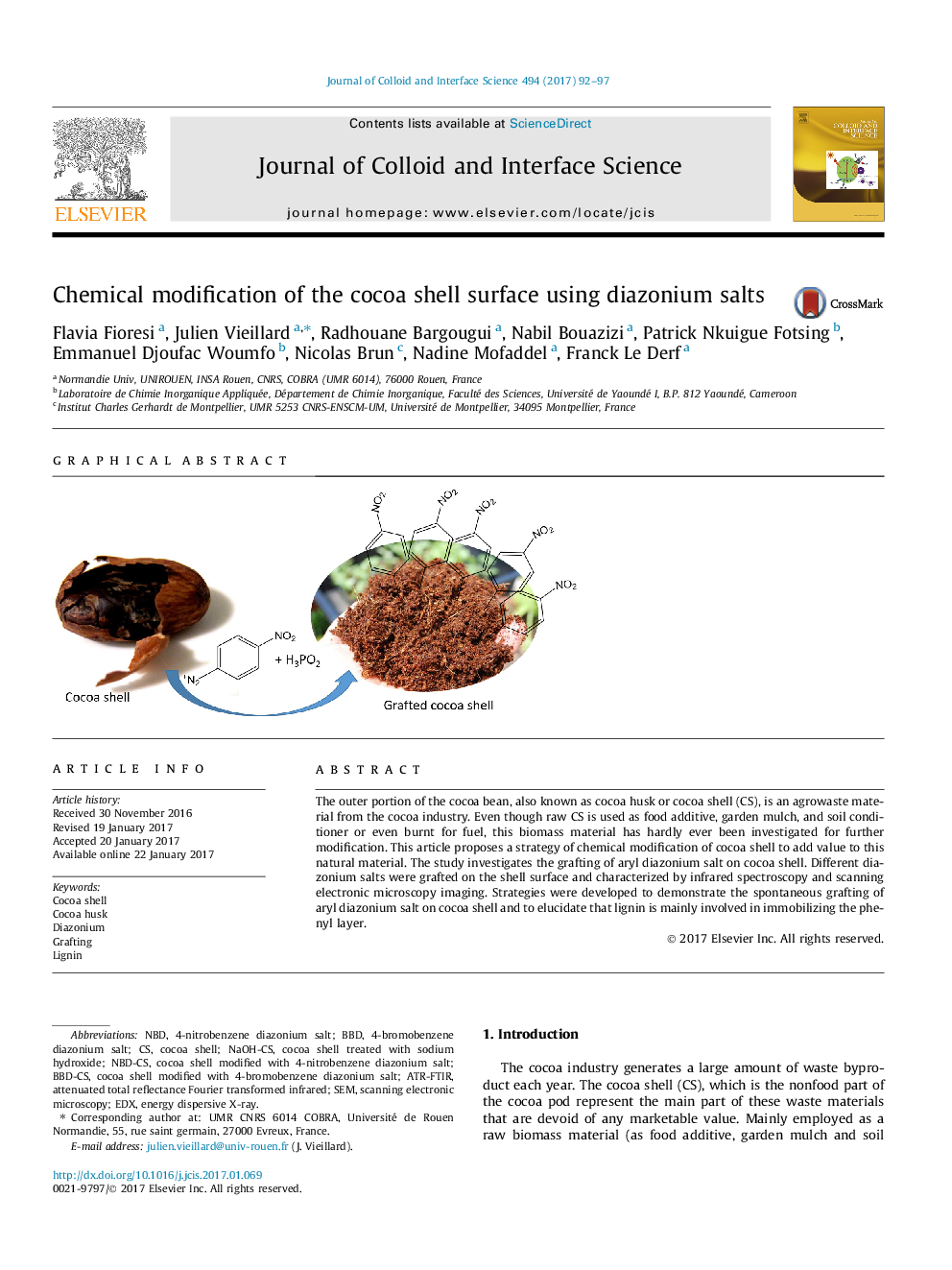 Chemical modification of the cocoa shell surface using diazonium salts