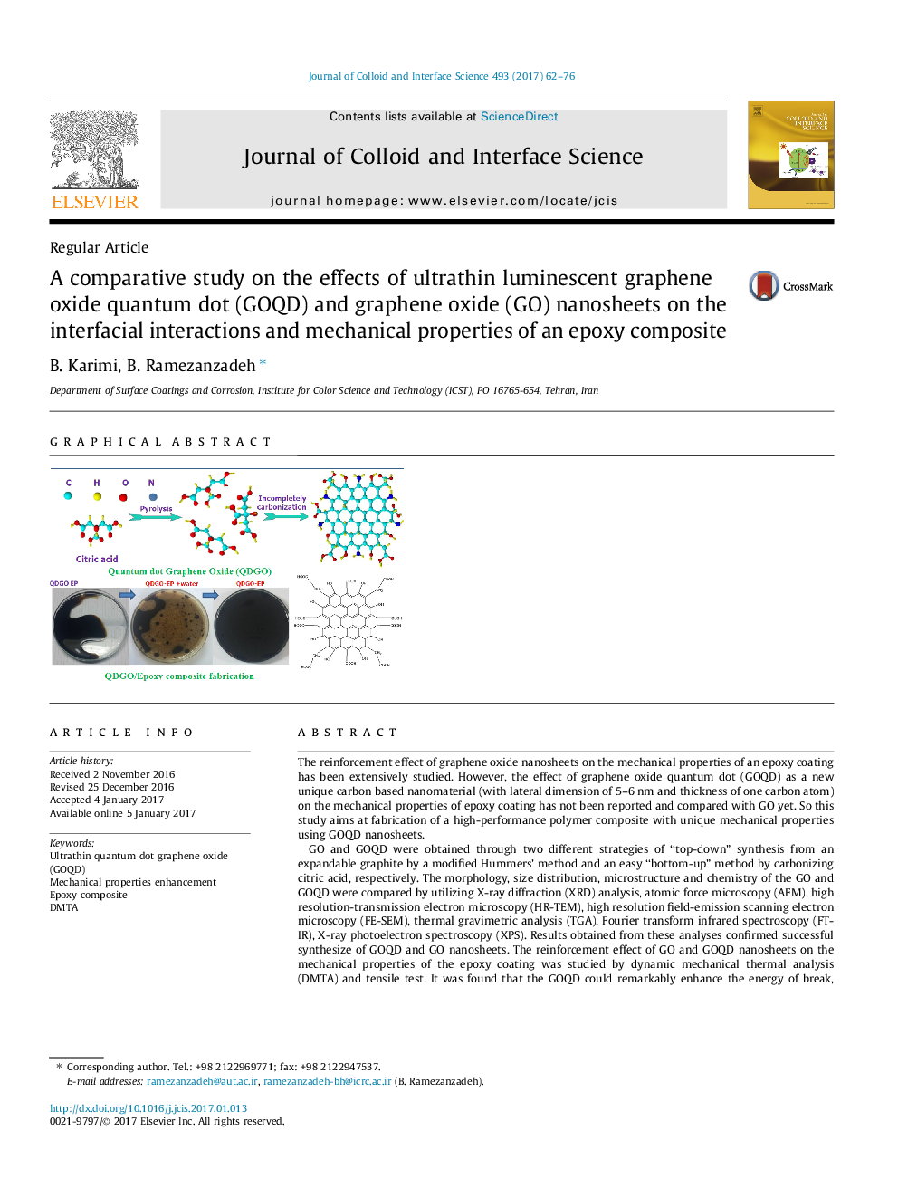 Regular ArticleA comparative study on the effects of ultrathin luminescent graphene oxide quantum dot (GOQD) and graphene oxide (GO) nanosheets on the interfacial interactions and mechanical properties of an epoxy composite