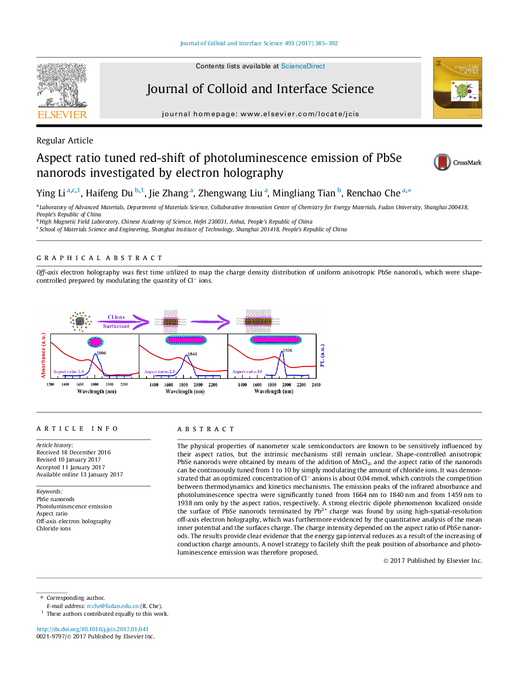 Regular ArticleAspect ratio tuned red-shift of photoluminescence emission of PbSe nanorods investigated by electron holography