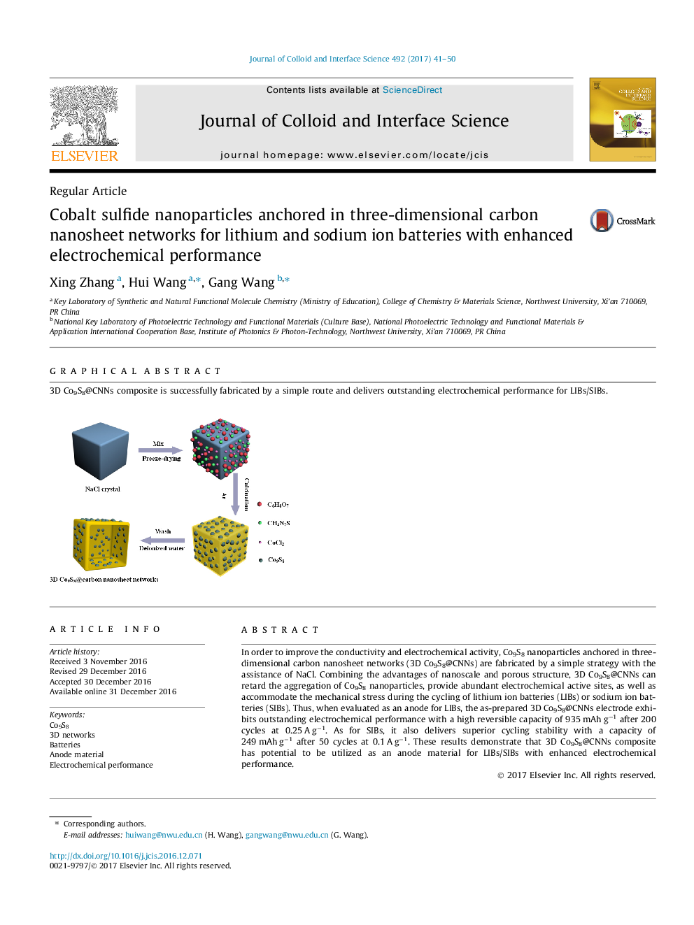 Cobalt sulfide nanoparticles anchored in three-dimensional carbon nanosheet networks for lithium and sodium ion batteries with enhanced electrochemical performance